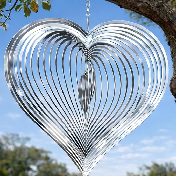 Wind Spinner Garden Decor, for Women, Gifts for Grandma and Mom, 3D Heart 12-Inch Stainless Steel Hanging Yard Spinner for Outdoor & Indoor Metal Decoration, 1 Pack