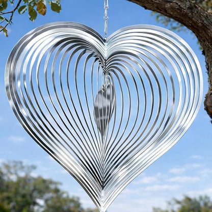 Wind Spinner Garden Decor, for Women, Gifts for Grandma and Mom, 3D Heart 12-Inch Stainless Steel Hanging Yard Spinner for Outdoor & Indoor Metal Decoration, 1 Pack