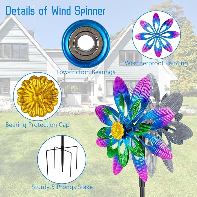 360°Metal Wind Spinner Outdoor,13”Double Wind Sculptures Garden Pinwheels with Metal Stak,Waterproof Pinwheels Large Wind Spinner for Yard and Garden（Purple）