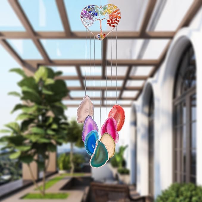 Yoption Heart Wind Chimes with Crystal Tree of Life Agate Slice for Home Wall Decor, 7 Chakra Natural Crystal Windchimes for Home Garden Decorative Ornament, Unique Gift