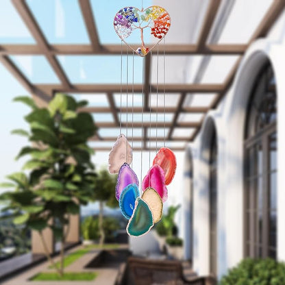 Yoption Heart Wind Chimes with Crystal Tree of Life Agate Slice for Home Wall Decor, 7 Chakra Natural Crystal Windchimes for Home Garden Decorative Ornament, Unique Gift