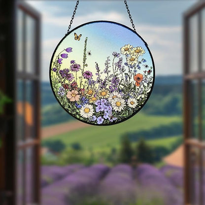Stained Glass Window Hanging Suncatcher - 20cm Wildflower Meadow Sun Catchers for Windows Doors Home Decor - Nana Grandma Women Gifts for Mother's Day Birthday