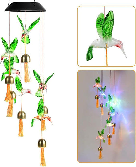 Hummingbird Gifts for Women Mom Grandma,Hanging Solar Wind Chimes for Outside,Waterproof LED Gardening Garden Decor Lights for Festival Birthday Gifts for Girlfriend Wife (Black Housing)