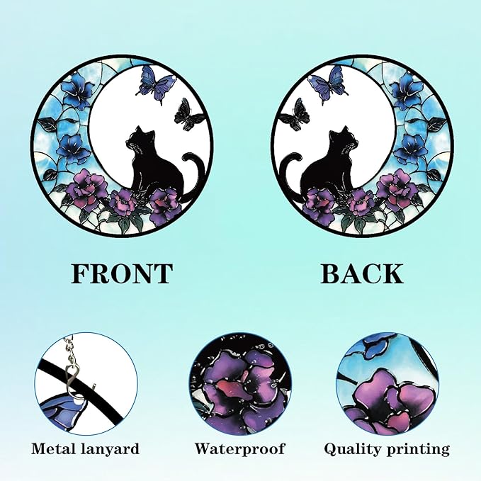 CREATCABIN Cat Window Suncatcher Stained Acrylic Glass Window Hanging Decor 9.8 Inch Round Panel with Metal Chain Flower Butterfly Sun Catcher Wall Art for Home Garden Halloween Christmas Decor