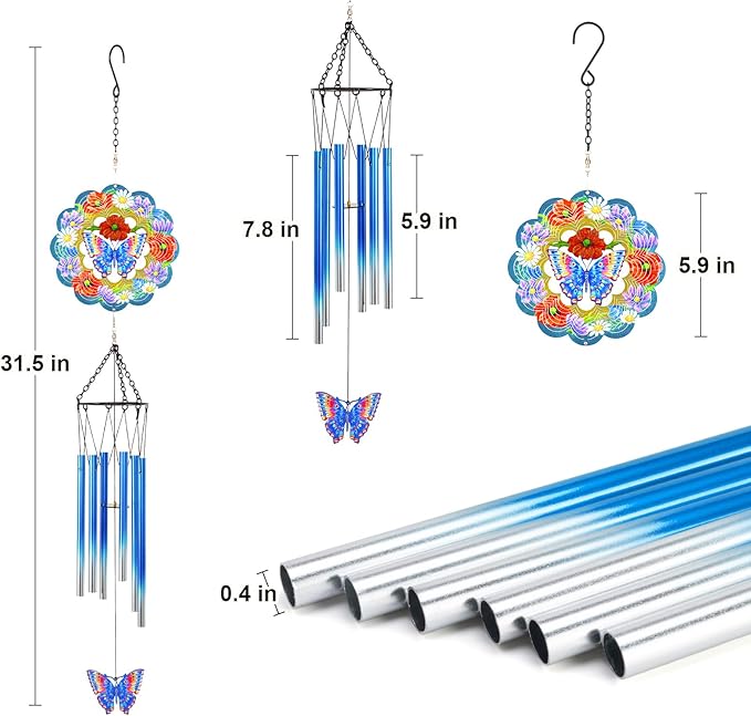 Butterfly Wind Chimes for Outside, 3D Wind Chimes with Wind Spinner, Outdoors Hanging Decor for Garden, Patio and Balcony, Gifts for Men, Women, Mom, Lovers