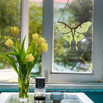 Green Luna Moth Stained Glass Window Hanging, Handmade Sun Catcher Glass Panel Wall Art Decor with Chain, Luna Moth Gifts for Women Mom Grandma, Outdoor Indoor Art Decor for Home Garden