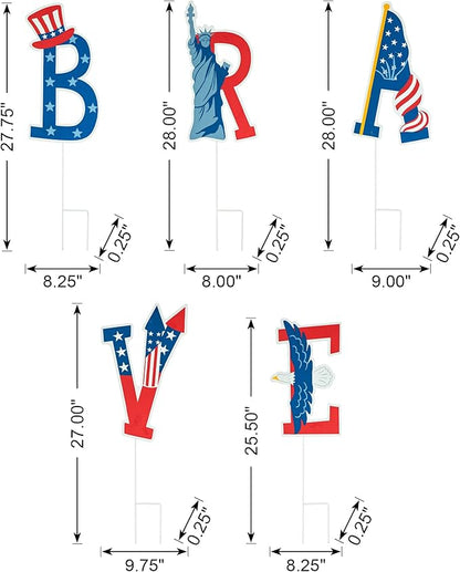 Glitzhome 43.2"H Metal Patriotic BRAVE Garden Yard Stake, Set of 5 American National Day Yard Sign Wall Decor for USA Patio Lawn Porch 4th of July Indoor Outdoor Decorations