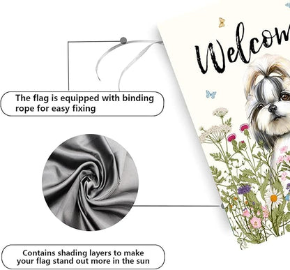 Floral Shih Tzu Garden Flag Spring Summer House Flags 28 x 40 Double Sided Flower Dog Yard Flags for Outside Large Outdoor Welcome Flags