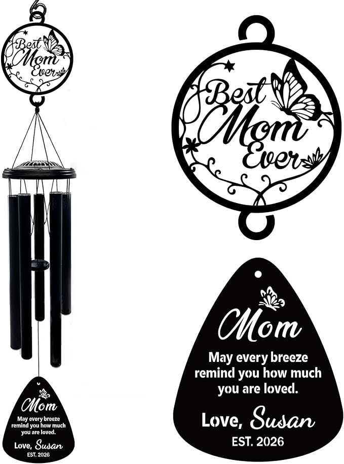 Personalized Wind Chimes for Mom Grandma Nana Mimi Gigi - Customized Mother's Day Birthday Gift from Daughter Son - Large Deep Tone Outdoor Metal Windchime for Garden Patio - Best Mom Ever Home Decor