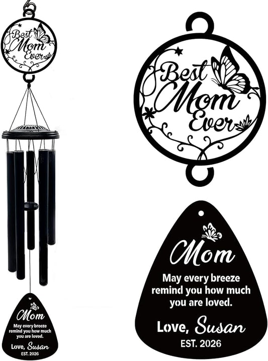 Personalized Wind Chimes for Mom Grandma Nana Mimi Gigi - Customized Mother's Day Birthday Gift from Daughter Son - Large Deep Tone Outdoor Metal Windchime for Garden Patio - Best Mom Ever Home Decor