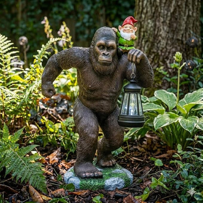 16 Inch Solar Bigfoot Garden Statue with Gnome & Lantern, Large Resin Sasquatch Yard Outdoor Decor, Funny Bigfoot Gifts for Husband, Dad & Grandpa (Large)