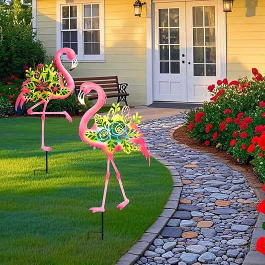 Pink Flamingo Garden Statue - 20.5 inch Hand Flamingo Painted Metal Patio Art, Outdoor Decorative Stake Flamingo Statue for Lawn, Patio, Porch and Backyard, Gifts for Ladies (B Style 2 Pack)