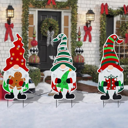 Afirst Christmas Yard Stakes Metal Christmas Decorations Outdoor Yard Gnomes Holding Gingerbread Tree Gift Lighted Metal Stakes Outdoor Xmas Stake Lawn Pathway Decoration