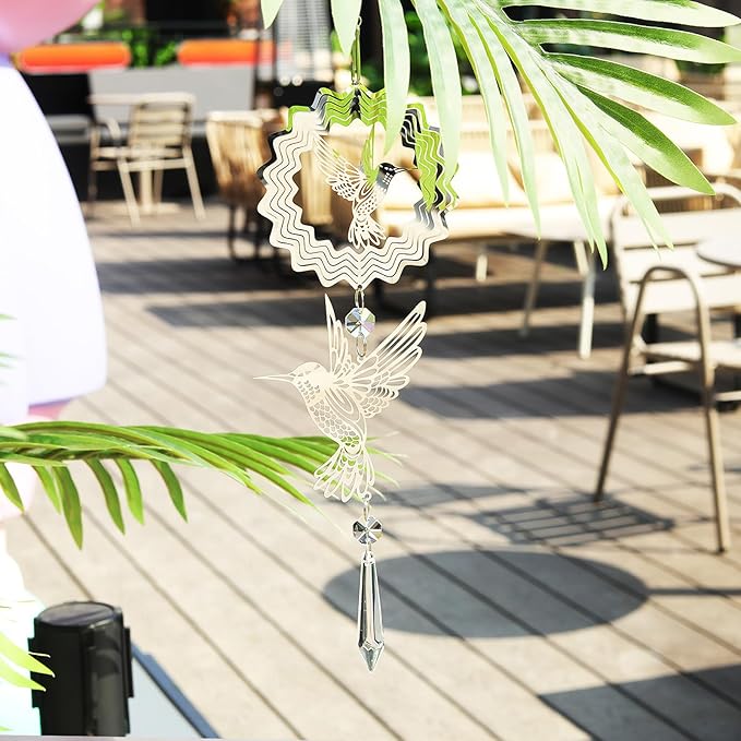 LONGSHENG - SINCE 2001 - Crystal Suncatcher Wind Spinner Pendant Hanging Silver Hummingbird Ornament Rainbow Maker Garden Patio Sun Catcher Glass Crystals for Indoor Outdoor Decoration