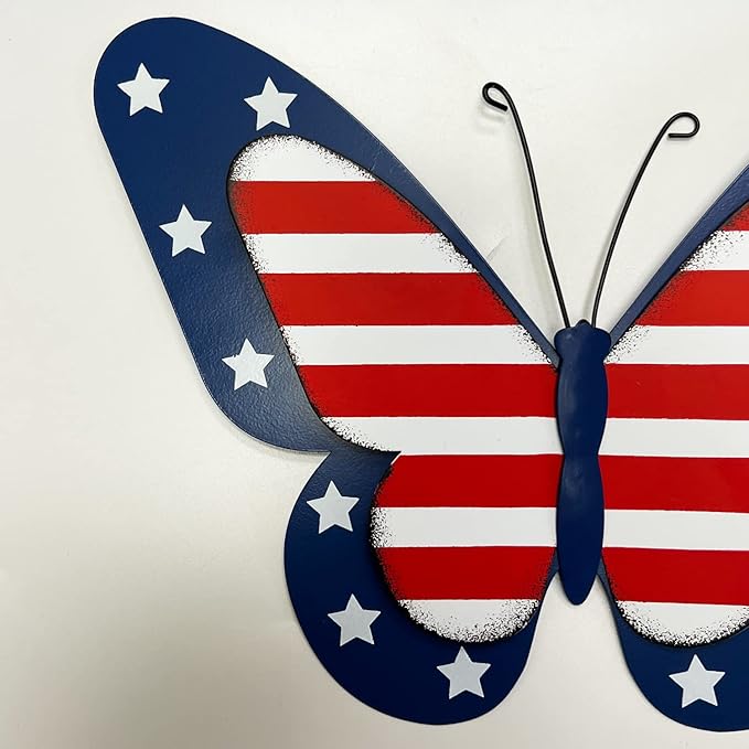 YUMBOR Set of 2 Rustic Metal Americana Butterfly Patriotic Wall Decor American Flag Hanging Ornaments 4th July Garden Yard Signs Independence Day Indoor Outdoor Wall Decorations