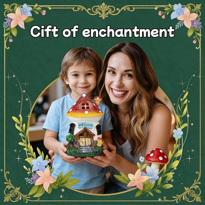 Ferrisland Solar Powered Mushroom House Statue with LED Light, 6.8 Inch Resin Garden Figurine with Welcome Sign, Outdoor Decor for Patio, Lawn, Yard, Pathway, Garden Gifts(Mushroom House)