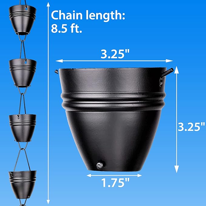 RainChains Pacific Twin Stripe Rain Chain 8.5ft Black Aluminum Rain Chains for Outside Decorative Gutter Chain Downspout.