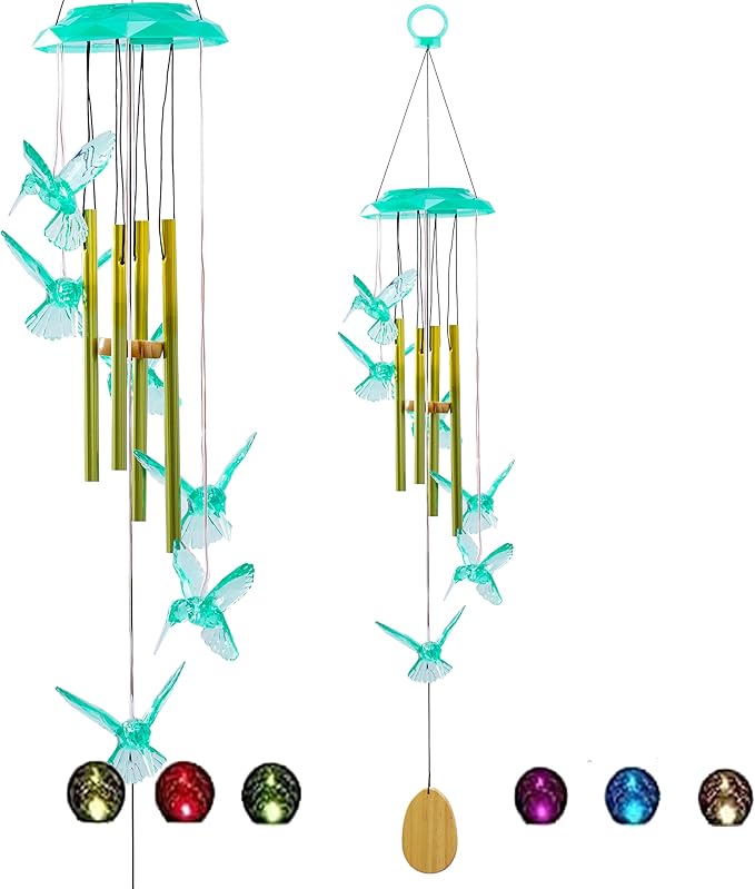 Outdoor Solar Wind Chime Decoration, Mother's Day Birthday Gifts for Grandma, Mom and Family, Outdoor Garden and Courtyard Wind Chime Accessories (Green Hummingbird)
