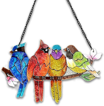 Stained Glass Window Hanging - Double-Sided 4 Birds on Branch Suncatcher, Vibrant Multicolor Glass Panel Art for Windows, Home Wall Decor, Indoor Outdoor Hanging Ornament for Bird Enthusiasts
