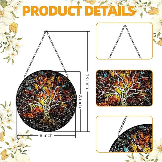 Stained Glass Window Hanging - 8 Inch Tree of Life Sun Catcher, Handmade for Indoor/Garden Decor, Wall Art Gift for Women Mother's Day Christmas