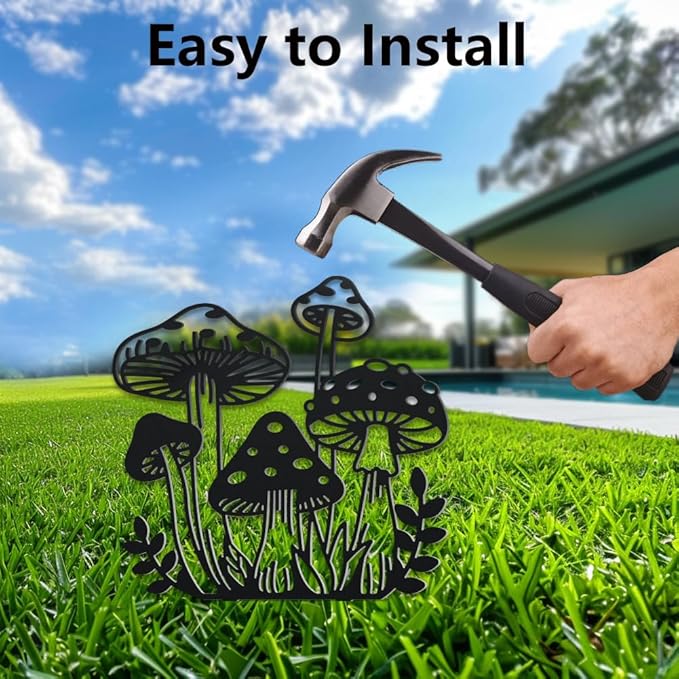 WADORN Mushroom Metal Outdoor Statues Silhouette, Funny Mushroom Metal Decorative Garden Stakes Mushroom and Grass Silhouette Ornament Gift Funny Outdoor Decor for Garden Backyard Patio Lawn Outdoor