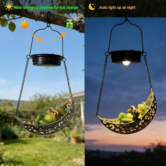 Solar Hanging Garden Lantern with Frog Decoration,Solar Hanging Statue Light,Outdoor Hanging Decorations for Garden, Fence, Porch, Patio, Yard Decor
