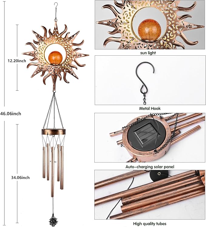 Solar Sun Wind Chimes 46" Long Outdoor, Waterproof Sun Wind Bells Light with Crackle Glass Ball for Outside, Clearance Unique Gifts for Mother's Day, Birthday, Women, Girls, Garden Decor
