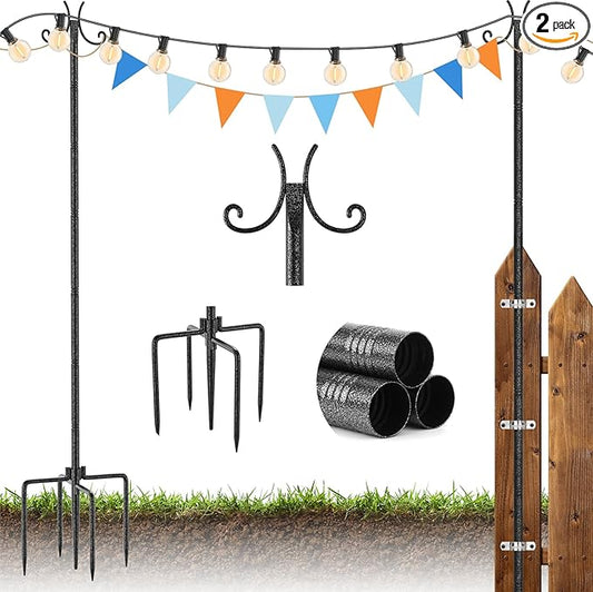 StarryEver 2 Pack Outdoor String Light Poles, Metal Lights Hanging Pole with 2 Hooks and Rustproof, for Patio Garden Deck Backyard Lawn Sunshade and Decor