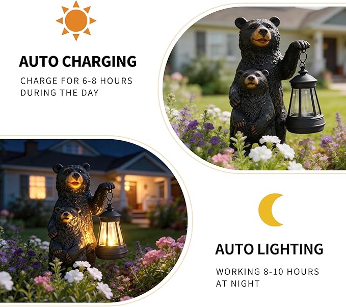 Solar Garden Statue Bear Family - 10" H Resin Outdoor Statue with Solar Powered Lantern - Welcome Bear Decor Outdoor, Unique Birthday Gifts for Women - Waterproof Patio Yard Decorations