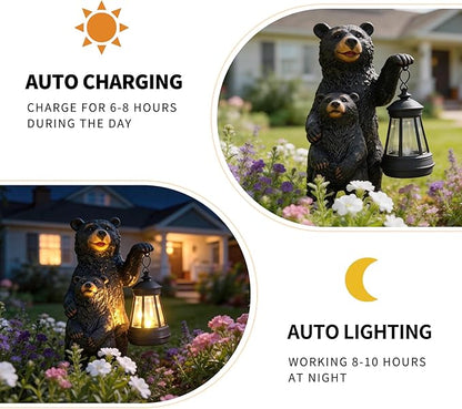 Solar Garden Statue Bear Family - 10" H Resin Outdoor Statue with Solar Powered Lantern - Welcome Bear Decor Outdoor, Unique Birthday Gifts for Women - Waterproof Patio Yard Decorations