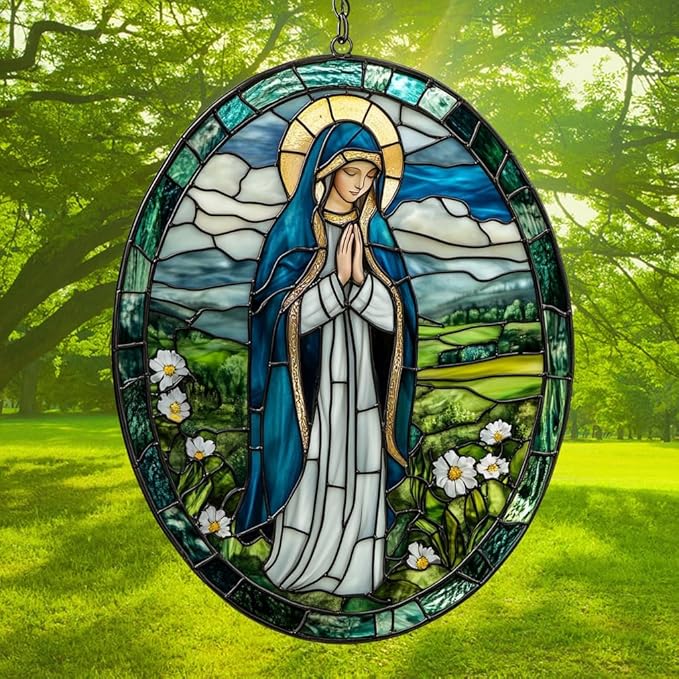 Virgin Mary Acrylic Suncatcher Stained Glass Effect Window Car Hanging Christmas Ornament Indoor Outdoor Decor Garden Memorial Sun Catcher for Family Christmas Jesus Gift for Women Mom Grandma