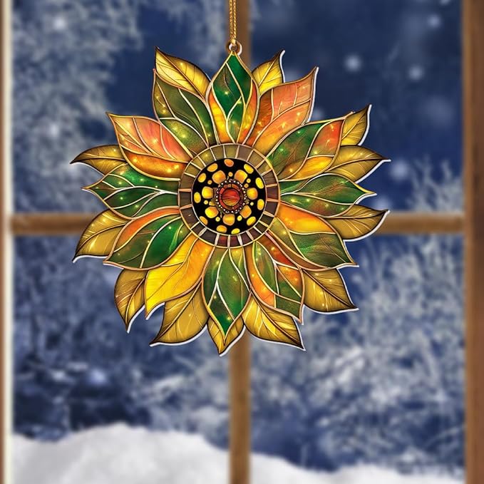 Stained Glass Acrylic Sunflower Ornament – Colorful Glass Sun Catcher for Windows, Christmas Tree Decoration 2025, Hanging Holiday & Everyday Décor Gift(Sun-22)