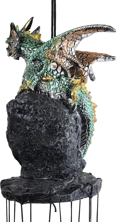 Ebros Gift Medieval Green Dragon Guarding Emerald Crystal Geode Rock Figurine Crown Top Resonant Wind Chime with Miniature Geode Rocks Ornaments for Garden Patio Home Fantasy Dungeons and Dragons