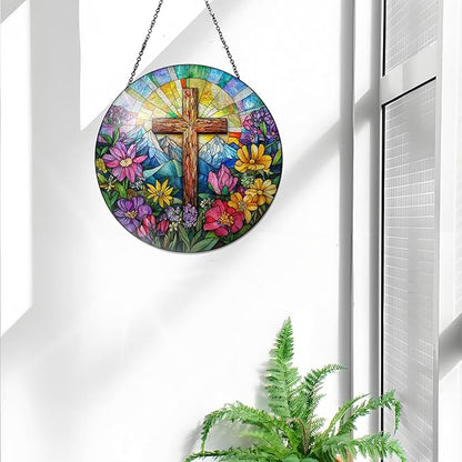 Bimkole Cross Stained Glass Suncatcher Window Hanging - Flowers Indoor Window or Doorway Decoration - Handmade Sun Catcher Decor for Garden Home Christmas & Birthday Gifts 7.87x7.87 Inch