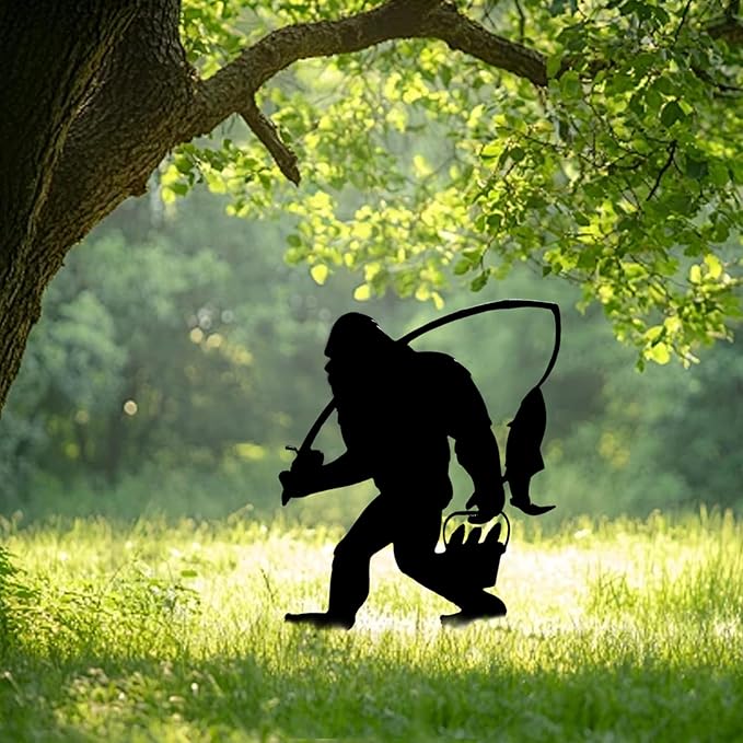 2025 Funny Bigfoot Garden Stake Metal Sign Art Yard Animal Decoration, Various Metal Sasquatch Black Big Foot Sculpture Outdoor Silhouette Statues for Garden Yard Patio Lawn (Fishing)
