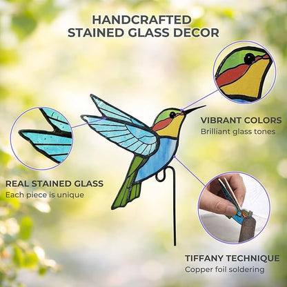 Hummingbird Stained Glass Plant Pot Suncatcher - Handmade Real Glass Flower Pot Ornament for Planters - Indoor Outdoor Garden Décor - Thoughtful Gift for Women, Mom & Bird Lovers