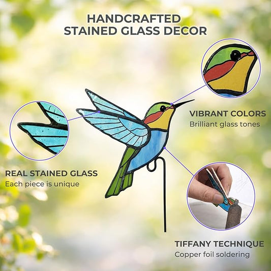 Hummingbird Stained Glass Plant Pot Suncatcher - Handmade Real Glass Flower Pot Ornament for Planters - Indoor Outdoor Garden Décor - Thoughtful Gift for Women, Mom & Bird Lovers