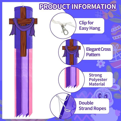 40 Inches Easter Christian Cross Windsock Decorations, Hanging Outdoor Religious Decor with Purple Streamers and Wooden Cross Design, Inspirational Wind Sock Ornament for Church, Outside Garden Yard