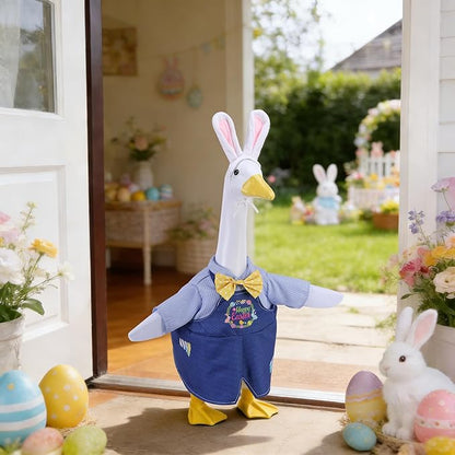 Watayo 2 Pcs/Set Easter Porch Goose Outfits, Happy Easter Bunny Lawn Goose Costume, Cute Garden Goose Clothes Suspender Skirt and Bunny Ears Headband for 23" High Statue Spring Patio Yard Decor