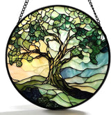 Funoasis Stained Glass Window Hanging 6.3 Inches Suncatcher - The Green Tree On The Mountaintop Ornaments Sun Catcher Home Decor Women Birthday