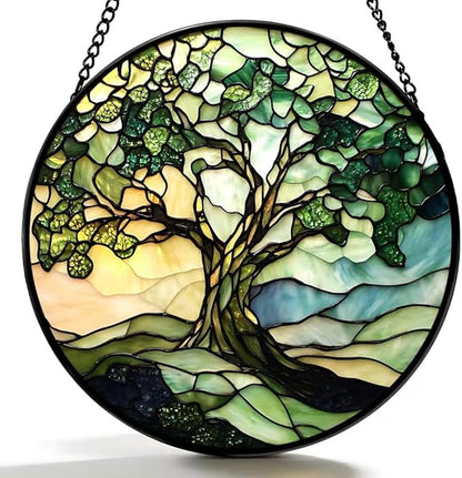 Funoasis Stained Glass Window Hanging 6.3 Inches Suncatcher - The Green Tree On The Mountaintop Ornaments Sun Catcher Home Decor Women Birthday