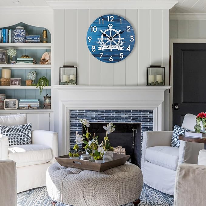Nautical Outdoor Clock Waterproof -14" Silent Navy Blue Coastal Decor Indoor Outdoor Wall Clocks Battery Operated for Patio, Pool, Porch, Backyard, Bathroom - Boat Ship Steering Wheel Theme