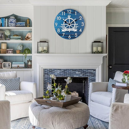 Nautical Outdoor Clock Waterproof -14" Silent Navy Blue Coastal Decor Indoor Outdoor Wall Clocks Battery Operated for Patio, Pool, Porch, Backyard, Bathroom - Boat Ship Steering Wheel Theme