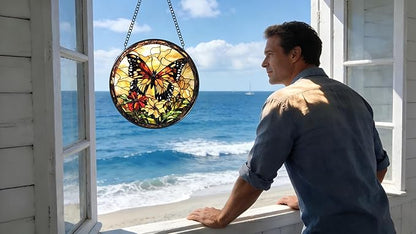 Stained Glass Window Hanging - Butterfly Red Flowers Yellow Flowers 6.3 Inches Suncatcher for Garden Home Decor for Women Mon Grandma Friends