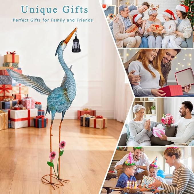 Crane Garden Statue with Solar Lantern, Large Blue Heron Outdoor Staue Garden Decor, Metal Crane Sculpture Yard Art Decor for Lawn, Backyard, Porch