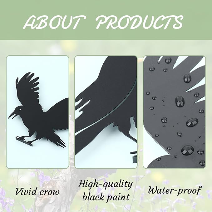Raven Crow Fence Topper Decor, Metal Garden Birds Black Silhouette Statue, Halloween Witchy Gothic Ornament for Yard Fence, Fake Crow Home Garden Decoration (Rustic)