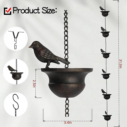 Elegant 32in Bird-Shaped Rain Chains for Outside with Gutter Adapter, Durable Copper Rain Chain for Water Management, Easy Install for Gardens and Patios, Equipped with V-Shaped Hooks