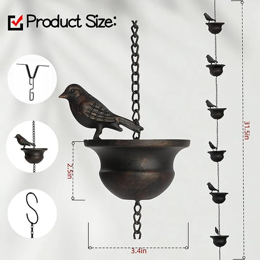 Elegant 32in Bird-Shaped Rain Chains for Outside with Gutter Adapter, Durable Copper Rain Chain for Water Management, Easy Install for Gardens and Patios, Equipped with V-Shaped Hooks