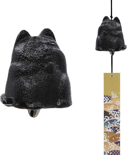 Japanese Wind Chime Cast-Iron Outdoor Ornament for Garden, Patio & Balcony, Hanging Metal Wind-Bell Decoration Gift, Blessing Pendant Windchimes & PVC Wind-Catcher, Fortune Cat - Black