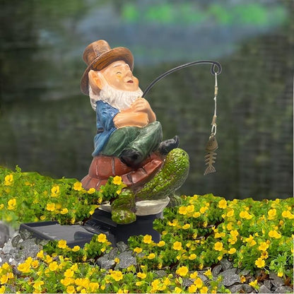 Garden Gnome Solar LED Turtle Fishing Pond Statue Decoration, Outdoor Koi Pond Waterfall Lawn Decor, 5.3" Poolside Statue with Ground Insertion